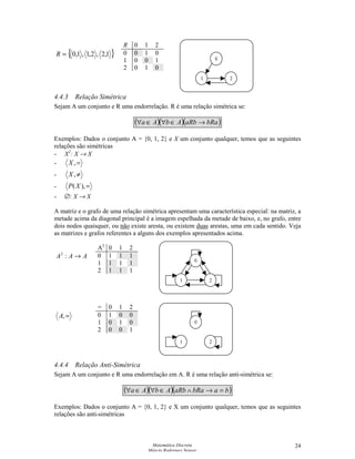 Matemática Discreta
Márcia Rodrigues Notare
24
R 0 1 2
0 0 1 0
1 0 0 1
2 0 1 0
4.4.3 Relação Simétrica
Sejam A um conjunto e R uma endorrelação. R é uma relação simétrica se:
( )( )( )bRaaRbAbAa →∈∀∈∀
Exemplos: Dados o conjunto A = {0, 1, 2} e X um conjunto qualquer, temos que as seguintes
relações são simétricas
- X2
: X → X
- =,X
- ≠,X
- =),(XP
- ∅: X → X
A matriz e o grafo de uma relação simétrica apresentam uma característica especial: na matriz, a
metade acima da diagonal principal é a imagem espelhada da metade de baixo, e, no grafo, entre
dois nodos quaisquer, ou não existe aresta, ou existem duas arestas, uma em cada sentido. Veja
as matrizes e grafos referentes a alguns dos exemplos apresentados acima.
A2
0 1 2
0 1 1 1
1 1 1 1
2 1 1 1
= 0 1 2
0 1 0 0
1 0 1 0
2 0 0 1
4.4.4 Relação Anti-Simétrica
Sejam A um conjunto e R uma endorrelação em A. R é uma relação anti-simétrica se:
( )( )( )babRaaRbAbAa =→∧∈∀∈∀
Exemplos: Dados o conjunto A = {0, 1, 2} e X um conjunto qualquer, temos que as seguintes
relações são anti-simétricas
{ }1,2,2,1,1,0=R
0
1 2
AAA →:2
=,A
0
1 2
0
1 2
 