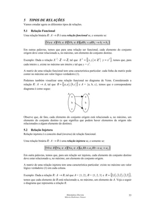 Matemática Discreta
Márcia Rodrigues Notare
33
5 TIPOS DE RELAÇÕES
Vamos estudar agora os diferentes tipos de relações.
5.1 Relação Funcional
Uma relação binária R: A → B é uma relação funcional se, e somente se:
( )( )( )( )212121 bbaRbaRbBbBbAa =→∧∈∀∈∀∈∀
Em outras palavras, temos que para uma relação ser funcional, cada elemento do conjunto
origem deve estar relacionado a, no máximo, um elemento do conjunto destino.
Exemplo: Dada a relação X 2
: Z → Z, tal que { }222
, xyyxX =Ζ∈= , temos que, para
cada inteiro x, existe no máximo um inteiro y tal que y = x2
.
A matriz de uma relação funcional tem uma característica particular: cada linha da matriz pode
conter no máximo um valor lógico verdadeiro (1).
Podemos também visualizar uma relação funcional no diagrama de Venn. Considerando a
relação R: A → A, tal que { }cbaaR ,,,= e A = {a, b, c}, temos que o correspondente
diagrama é como segue:
Observe que, de fato, cada elemento do conjunto origem está relacionado a, no máximo, um
elemento do conjunto destino (o que significa que podem haver elementos da origem não
relacionados a algum elemento do destino).
5.2 Relação Injetora
Relação injetora é o conceito dual (inverso) de relação funcional.
Uma relação binária R: A → B é uma relação injetora se, e somente se:
( )( )( )( )212121 aaRbaRbaAaAaBb =→∧∈∀∈∀∈∀
Em outra palavras, temos que, para um relação ser injetora, cada elemento do conjunto destino
deve estar relacionado a, no máximo, um elemento do conjunto origem.
A matriz de uma relação injetora tem uma característica particular: existe no máximo um valor
lógico verdadeiro (1) em cada coluna.
Exemplo: Dada a relação R: A → B, tal que A = {1, 2}, B = {1, 2, 3} e { }3,2,2,1,1,1=R ,
temos que cada elemento de B está relacionado a, no máximo, um elemento de A. Veja a seguir
o diagrama que representa a relação R.
a
b
a
c
b
c
A A
 