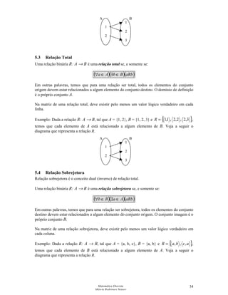Matemática Discreta
Márcia Rodrigues Notare
34
5.3 Relação Total
Uma relação binária R: A → B é uma relação total se, e somente se:
( )( )( )aRbBbAa ∈∃∈∀
Em outras palavras, temos que para uma relação ser total, todos os elementos do conjunto
origem devem estar relacionados a algum elemento do conjunto destino. O domínio de definição
é o próprio conjunto A.
Na matriz de uma relação total, deve existir pelo menos um valor lógico verdadeiro em cada
linha.
Exemplo: Dada a relação R: A → B, tal que A = {1, 2}, B = {1, 2, 3} e { }3,2,2,2,1,1=R ,
temos que cada elemento de A está relacionado a algum elemento de B. Veja a seguir o
diagrama que representa a relação R.
5.4 Relação Sobrejetora
Relação sobrejetora é o conceito dual (inverso) de relação total.
Uma relação binária R: A → B é uma relação sobrejetora se, e somente se:
( )( )( )aRbAaBb ∈∃∈∀
Em outras palavras, temos que para uma relação ser sobrejetora, todos os elementos do conjunto
destino devem estar relacionados a algum elemento do conjunto origem. O conjunto imagem é o
próprio conjunto B.
Na matriz de uma relação sobrejetora, deve existir pelo menos um valor lógico verdadeiro em
cada coluna.
Exemplo: Dada a relação R: A → B, tal que A = {a, b, c}, B = {a, b} e { }acbaR ,,,= ,
temos que cada elemento de B está relacionado a algum elemento de A. Veja a seguir o
diagrama que representa a relação R.
1
2
1
2
3
A B
1
2
1
2
3
A B
 