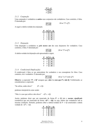 Matemática Discreta
Márcia Rodrigues Notare
8
P ¬¡ P
V F
F V
2.1.2 Conjunção
Uma conjunção é verdadeira se ambos seus conjunctos são verdadeiros. Caso contrário, é falsa.
É denotada por:
QP ∧
A seguir a tabela-verdade da conjunção.
P Q P ∧¢ Q
V V V
V F F
F V F
F F F
2.1.3 Disjunção
Uma disjunção é verdadeira se pelo menos um dos seus disjunctos for verdadeiro. Caso
contrário, é falsa. É denotada por:
QP ∨
A tabela-verdade da disjunção está apresentada a seguir.
P Q P ∨£ Q
V V V
V F V
F V V
F F F
2.1.4 Condicional (Implicação)
O condicional é falso se seu antecedente for verdadeiro e seu conseqüente for falso. Caso
contrário, ele é verdadeiro. É denotado por:
QP →
Observe: a expressão “P →
¤ Q” assegura que: não é o caso que P e não Q. Verbalizando, se
considerarmos a expressão:
“Se esfriar, então chove” (P → Q)
podemos interpretá-la como sendo:
“Não é o caso que esfria e não chove” ¬(P ∧ ¬Q)
Assim, podemos dizer que um enunciado da forma P →
¤ Q tem o mesmo significado
(semântica) que um enunciado da forma ¬¡ (P ∧¢ ¬¡ Q), ou seja, ambos são verdadeiros sob as
mesmas condições. Portanto, podemos obter a tabela-verdade de P → Q construindo a tabela
verdade de ¬(P ∧ ¬Q).
P Q P →
¤ Q
V V V
V F F
F V V
F F V
(lê-se "P e Q")
(lê-se "P ou Q")
(lê-se "se P então Q")
 