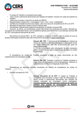 www.cers.com.br
OAB PRIMEIRA FASE – XII EXAME
Processo do Trabalho
Aryanna Manfredini
4
A Justiça do Trabalho é competente para julgar:
• Dano moral e patrimonial decorrentes das relações de trabalho, inclusive em razão de acidente do
trabalho.
• Ações que envolvam o exercício do direito de GREVE
• Representação sindical (sind. x empregador / sind. x sind. / sind. x trabalhador)
• Conflitos de competência entre seus órgãos, salvo nos casos de competência do STJ e do STF.
• Mandado de segurança, habeas corpus e habeas data.
• Penalidades impostas pelos órgãos de fiscalização do trabalho (inclusive MS)
• Executar, de ofícios, as contribuições sociais decorrentes das sentenças que proferir. Ressalte-se,
que quanto às contribuições fiscais, tem competência apenas para determinar a sua retenção (súmula 368
do TST), não podendo executá-las de ofício.
Nos termos da súmula 389, I, do TST, compete a Justiça do Trabalho julgar as ações em que se
postule indenização substitutiva pelo não fornecimento das guias do seguro desemprego.
Súmula 389, TST. I - Inscreve-se na competência material da
Justiça do Trabalho a lide entre empregado e empregador tendo
por objeto indenização pelo não fornecimento das guias do
seguro desemprego.
II - O não fornecimento pelo empregador da guia necessária
para o recebimento do seguro desemprego dá origem ao direito
à indenização.
É competência da Justiça do Trabalho processar e julgar as ações decorrentes do não
cadastramento do empregado no PIS.
Súmula 300, TST. Compete à Justiça do Trabalho processar e
julgar ações de empregados contra empregadores, relativas ao
cadastramento no Plano de Integração Social (PIS).
Ressaltem-se as seguintes súmulas vinculantes em matéria de competência da Justiça do
Trabalho:
• Súmula Vinculante 22, STF:
Súmula Vinculante 22 do STF. A Justiça do Trabalho é
competente para processar e julgar a ação de indenização por
danos morais e patrimoniais decorrentes das relações de
trabalho propostas por empregado contra empregador,
inclusive aquelas que não possuíam sentença de mérito em
primeiro grau quando da promulgação da Emenda
Constitucional 45/2004. DOU de 11/12/2009.
 