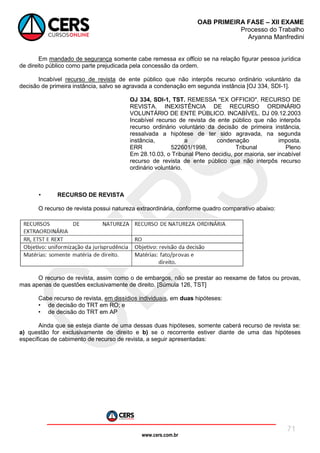 www.cers.com.br
OAB PRIMEIRA FASE – XII EXAME
Processo do Trabalho
Aryanna Manfredini
71
Em mandado de segurança somente cabe remessa ex officio se na relação figurar pessoa jurídica
de direito público como parte prejudicada pela concessão da ordem.
Incabível recurso de revista de ente público que não interpôs recurso ordinário voluntário da
decisão de primeira instância, salvo se agravada a condenação em segunda instância [OJ 334, SDI-1].
OJ 334, SDI-1, TST. REMESSA "EX OFFICIO". RECURSO DE
REVISTA. INEXISTÊNCIA DE RECURSO ORDINÁRIO
VOLUNTÁRIO DE ENTE PÚBLICO. INCABÍVEL. DJ 09.12.2003
Incabível recurso de revista de ente público que não interpôs
recurso ordinário voluntário da decisão de primeira instância,
ressalvada a hipótese de ter sido agravada, na segunda
instância, a condenação imposta.
ERR 522601/1998, Tribunal Pleno
Em 28.10.03, o Tribunal Pleno decidiu, por maioria, ser incabível
recurso de revista de ente público que não interpôs recurso
ordinário voluntário.
• RECURSO DE REVISTA
O recurso de revista possui natureza extraordinária, conforme quadro comparativo abaixo:
O recurso de revista, assim como o de embargos, não se prestar ao reexame de fatos ou provas,
mas apenas de questões exclusivamente de direito. [Súmula 126, TST]
Cabe recurso de revista, em dissídios individuais, em duas hipóteses:
• de decisão do TRT em RO; e
• de decisão do TRT em AP
Ainda que se esteja diante de uma dessas duas hipóteses, somente caberá recurso de revista se:
a) questão for exclusivamente de direito e b) se o recorrente estiver diante de uma das hipóteses
específicas de cabimento de recurso de revista, a seguir apresentadas:
 