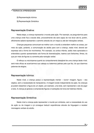 36 
TEORIAS DA APRENDIZAGEM 
2) Representação Icônica 
3) Representação Simbólica 
Representação Enativa: 
Nesta etapa, a criança representa o mundo pela ação. Por exemplo, se perguntarmos para 
uma criança onde fica a escola dela, provavelmente ela será capaz de nos levar até lá, porém, 
dificilmente saberá representar o caminho através de um mapa ou até dar indicações verbais. 
Crianças pequenas comunicam­se 
melhor com o mundo e entendem melhor as coisas, por 
meio da ação, portanto, a comunicação do adulto para com a criança, neste nível, deverá ser 
expressa sob a forma de movimentos. Por exemplo, os contos infantis, serão mais apreciados e 
entendidos quando apresentados sob forma de dramatizações, teatros com fantoches, filmes, do 
que por meio de figuras ou somente pela narração verbal. 
O reforço ou recompensa quanto ao comportamento desejável de uma criança deste nível, 
será mais eficaz se acariciarmos sua cabeça ou batermos palmas pelo que fez, do que dizermos 
palavras de elogios. 
Representação Icônica: 
Neste nível, a criança possui a representação mental – ícone= imagem, figura – dos 
objetos, sem a necessidade de manipulá­los. 
A imagem existe independente da ação. As crianças 
já podem desenhar a figura de um objeto, por exemplo, uma bola, sem representar o ato de jogar 
a bola. A criança já aprecia e compreende figuras e ilustrações de livros de histórias infantis. 
Representação Simbólica: 
Neste nível a criança pode representar o mundo por símbolos, sem a necessidade do uso 
da ação ou da imagem e já consegue traduzir experiências através da linguagem e receber 
mensagens verbais do adulto. 
 