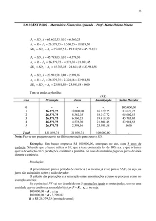 36
EMPRÉSTIMOS – Matemática Financeira Aplicada – Profª. Maria Helena Pinedo
03,783.4550,819.1953,602.65
50,819.1925,560.675,379.26
25,560.610,0.53,602.65.
323
33
23
=−=−=
=−=−=
===
ASDSD
JRA
iSDJ
58,981.2345,801.2103,783.45
45,801.2130,578.475,379.26
30,578.410,0.03,783.45.
434
44
34
=−=−=
=−=−=
===
ASDSD
JRA
iSDJ
00,058,981.2358,981.23
58,981.2316,398.275,379.26
16,398.210,0.58,981.23.
545
55
45
=−=−=
=−=−=
===
ASDSD
JRA
iSDJ
Tem-se então, a planilha:
(R$)
Ano Prestação Juros Amortização Saldo Devedor
0
1
2
3
4
5
Total
-
26.379,75
26.379,75
26.379,75
26.379,75
26.379,75
131.898,74
-
10.000,00
8.362,03
6.560,25
4.578,30
2.398,16
31.898,74
-
16.379,75
18.017,72
19.819,50
21.801,45
23.981,58
100.000,00
100.000,00
83.620,25
65.602,53
45.783,03
23.981,58
0,00
-
Nota: Fez-se um pequeno acerto na última prestação para zerar o SD.
Exemplo4: Um banco empresta R$ 100.000,00, entregues no ato, com 3 anos de
carência. Sabendo que o banco utiliza o SF, que a taxa contratada foi de 10% a.a. e que o banco
quer a devolução em 5 prestações, construir a planilha, no caso do mutuário pagar os juros devidos
durante a carência.
Resolução:
O procedimento para o período de carência é o mesmo já visto para o SAC, ou seja, os
juros são calculados sobre o saldo devedor.
O cálculo das prestações e a separação entre amortizações e juros se processa como no
exemplo anterior.
Se o principal PV vai ser devolvido em 5 prestações iguais e postecipadas, tem-se uma
anuidade que se conforma ao modelo básico: P = R . an⎤ i ou seja:
100.000,00 = R . a5⎤ 10
100.000,00 = R . 3,790787
R ≅ R$ 26.379,75 (prestação anual)
 