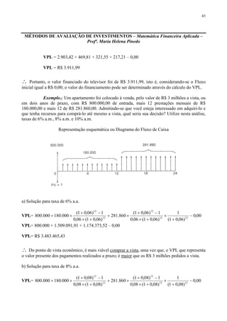 43
MÉTODOS DE AVALIAÇÃO DE INVESTIMENTOS – Matemática Financeira Aplicada –
Profª. Maria Helena Pinedo
VPL = 2.903,42 + 469,81 + 321,55 + 217,21 – 0,00
VPL = R$ 3.911,99
∴ Portanto, o valor financiado do televisor foi de R$ 3.911,99, isto é, considerando-se o Fluxo
inicial igual a R$ 0,00; o valor do financiamento pode ser determinado através do cálculo do VPL.
Exemplo3: Um apartamento foi colocado à venda, pelo valor de R$ 3 milhões a vista, ou
em dois anos de prazo, com R$ 800.000,00 de entrada, mais 12 prestações mensais de R$
180.000,00 e mais 12 de R$ 281.860,00. Admitindo-se que você esteja interessado em adquiri-lo e
que tenha recursos para comprá-lo até mesmo a vista, qual seria sua decisão? Utilize nesta análise,
taxas de 6% a.m., 8% a.m. e 10% a.m.
Representação esquemática ou Diagrama do Fluxo de Caixa
a) Solução para taxa de 6% a.a.
VPL= 00,0
)06,01(
1
)06,01(06,0
1)06,01(
860.281
)06,01(06,0
1)06,01(
000.180000.800 1212
12
12
12
−
+
×
+×
−+
×+
+×
−+
×+
VPL= 800.000 + 1.509.091,91 + 1.174.373,52 – 0,00
VPL= R$ 3.483.465,43
∴ Do ponto de vista econômico, é mais viável comprar a vista, uma vez que, o VPL que representa
o valor presente dos pagamentos realizados a prazo; é maior que os R$ 3 milhões pedidos a vista.
b) Solução para taxa de 8% a.a.
VPL= 00,0
)08,01(
1
)08,01(08,0
1)08,01(
860.281
)08,01(08,0
1)08,01(
000.180000.800 1212
12
12
12
−
+
×
+×
−+
×+
+×
−+
×+
 