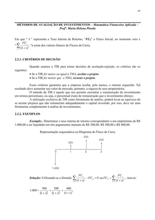 45
MÉTODOS DE AVALIAÇÃO DE INVESTIMENTOS – Matemática Financeira Aplicada –
Profª. Maria Helena Pinedo
Em que “ i ” representa a Taxa Interna de Retorno, “FC0” o Fluxo Inicial, no momento zero e
“∑= +
n
j
j
j
i
FC
1 )1(
”a soma dos valores futuros de Fluxos de Caixa.
2.2.1. CRITÉRIOS DE DECISÃO
Quando usamos a TIR para tomar decisões de aceitação-rejeição, os critérios são os
seguintes:
• Se a TIR for maior ou igual à TMA, aceitar o projeto.
• Se a TIR for menor que a TMA, recusar o projeto.
Esses critérios garantem que a empresa receba, pelo menos, o retorno requerido. Tal
resultado deve aumentar seu valor de mercado, portanto, a riqueza de seus proprietários.
O método da TIR é aquele que nos permite encontrar a remuneração do investimento
em termos percentuais, ou seja, o percentual exato de remuneração que o investimento oferece.
A utilização exclusiva da TIR como ferramenta de análise, poderá levar ao equívoco de
se aceitar projetos que não remuneram adequadamente o capital investido, por isso, deve ser uma
ferramenta complementar à análise de investimentos.
2.2.2. EXEMPLOS
Exemplo1: Determinar a taxa interna de retorno correspondente a um empréstimo de R$
1.000,00 a ser liquidado em três pagamentos mensais de R$ 300,00, R$ 500,00 e R$ 400,00.
Representação esquemática ou Diagrama do Fluxo de Caixa
Solução: Utilizando-se a fórmula 0
)1(
0
1
=−
+
∑=
FC
i
FCn
j
j
j
ou ∑= +
=
n
j
j
j
i
FC
FC
1
0
)1(
, tem-se:
( ) ( ) 321
)1(
400
1
500
1
300
000.1
iii +
+
+
+
+
=
 