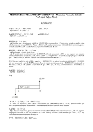 51
MÉTODOS DE AVALIAÇÃO DE INVESTIMENTOS – Matemática Financeira Aplicada –
Profª. Maria Helena Pinedo
RESPOSTAS
1. a) R$ 3.941,94 e – R$ 6.560,91 c) R$ 3.289,44
b) 12,06% a.a e 12,06% a.a.
2. a) R$ 157.070,87 e – R$ 92.949,62 c) R$ 246.056,59
b) 9,11% a.a. e 9,11% a.a.
3. b) $930,54 e 17,26 % a.a.
c) Significa que o investimento inicial de $18.000 SERÁ remunerado a 15% ao ano e gerará um ganho extra,
calculado na data zero, de $930,54. Ainda, a TIR (17,26% a.a.) complementa a viabilidade do investimento, pois é
MAIOR que a TMA (15% a.a.). Portanto, o projeto tem rentabilidade. d) Sim
4. b) VPL = – $326,78 e TIR = 12,85% a.a.
c) Significa que o projeto não é viável.
d) O projeto com investimento inicial de $8.000 NÃO será remunerado a 15% ao ano e gerará um prejuízo,
calculado na data zero, de $326,78. Ainda, a TIR (12,85% a.a.) complementa a inviabilidade do projeto, pois é MENOR
que a TMA (15% a.a.) e, portanto, o projeto tem rentabilidade inferior. e) $7.673,22
5. b) Não deve realizá-lo, pois o VPL é negativo ( – R$ 30.167,52), ou seja, o investimento inicial de R$ 150.000,00;
não será remunerado à taxa de 31,37% ao ano, além, do projeto gerar uma perda de – R$ 30.167,52 (se calculada na
data zero). Ainda, a TIR (23,91% a.a.) é MENOR que a TMA (31,37% a.a.), complementando a inviabilidade do
projeto.
6. a) VPL = R$ 16.064,47
b) VPL = R$ 20.479,60
7. a)
b) VPL = – R$ 3.279,61 e TIR = 0,8816 % a.m.
c) Com o VPL negativo (– R$ 3.279,00) e a TIR menor que TMA (0,8816% a.m. < 1%a.m.), pode-se concluir que
não é um bom investimento. Sendo assim, a empilhadeira não deve ser adquirida dessa maneira.
8. a) VPL= – R$ 9.317,02
b) A franquia não é viável, pois o investimento inicial de $160.000,00 NÃO será remunerado a 2,03% a.m. e gerará
um prejuízo, calculado na data zero, de $9.317,02. Ainda, a TIR (1,82% a.m.) sendo MENOR que a TMA (2,03 a.m.),
vem complementar a inviabilidade do negócio.
9. VPL = R$ 18.849,69 e TIR = 2,28 % a.m.
 