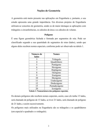 Noções de Geometria

A geometria está muito presente nas aplicações em Engenharia e, portanto, o seu
estudo apresenta uma grande importância. Em diversos projetos de Engenharia
utilizam-se conceitos de geometria, sendo os de maior destaque as aplicações com
triângulos e circunferências, os cálculos de área e os cálculos de volume.

                                       Polígono
É uma figura geométrica fechada e formada por segmentos de reta. Pode ser
classificado segundo a sua quantidade de segmentos de retas (lados), sendo que
alguns deles recebem nomes especiais, conforme pode ser observado na tabela 1.


                      Número de                   Nomes
                        lados
                          3                     Triângulo
                          4                    Quadrilátero
                          5                     Pentágono
                          6                     Hexágono
                          7                     Heptágono
                          8                     Octógono
                          9                     Eneágono
                          10                    Decágono
                          11                   Undecágono
                          12                   Dodecágono
                          15                  Pentadecágono
                          20                    Icoságono
                   Tabela 1: Nomenclatura dos polígonos especiais.

Os demais polígonos não recebem nomes especiais, assim, caso ele tenha 13 lados,
será chamado de polígono de 13 lados, se tiver 21 lados, será chamado de polígono
de 21 lados, e assim sucessivamente.
Os polígonos mais utilizados na Engenharia são os triângulos e os quadriláteros
(em especial o quadrado e o retângulo).




                                          2
 