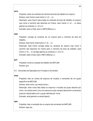 24
save
Propósito: salva as variáveis da memória da área de trabalho em arquivo.
Sintaxe: save fname; save fname v1 v2 ... vn.
Descrição: save fname salva todas as variáveis da área de trabalho no arquivo
cujo nome e caminho são descritos em fname. save fname v1 v2 ... vn salva
apenas as variáveis v1, v2 e vn.
Exemplo: save a:hoje; save c:MATLABarq x y.
load
Propósito: carrega as variáveis de um arquivo para a memória da área de
trabalho.
Sintaxe: load fname; load fname v1 v2 ... vn.
Descrição: load fname carrega todas as variáveis do arquivo cujo nome e
caminho são descritos em fname para a memória da área de trabalho. laod
fname v1 v2 ... vn carrega apenas as variáveis v1, v2 e vn.
Exemplo: load a:hoje; load c:MATLABarq x y.
quit
Propósito: encerra a sessão de trabalho do MATLAB
Sintaxe: quit.
4.3 Comandos de Operação com Funções e Comandos
what
Propósito: lista os nomes de arquivos de funções e comandos de um grupo
específico do MATLAB.
Sintaxe: what nome; var=what(‘nome’).
Descrição: what nome lista todos os arquivos e funções do grupo descrito por
nome. var=what(‘nome’) cria uma estrutura cujos campos descrevem os diversos
arquivos relacionados com o grupo definido por nome.
Exemplo: what general; w=what(‘signal’).
type
Propósito: lista o conteúdo de um arquivo de comandos do MATLAB.
Sintaxe: type arq.
 