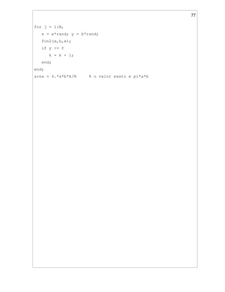 77
for j = 1:N,
x = a*rand; y = b*rand;
fun2(a,b,x);
if y <= f
k = k + 1;
end;
end;
area = 4.*a*b*k/N % o valor exato e pi*a*b
 