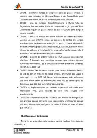 ODE45 - Excelente método de propósito geral de passo simples. É
baseado nos métodos de Dormand
Quarta/Quinta ordem.
ODE23 - Usa os métodos Bogacki
Segunda ou Terceira ordem. Pode ser uma melhor opção que o ODE45.
Geralmente requer um passo menor do que o ODE45 p
mesma precisão.
ODE113 - Utiliza o método de ordem variável de Adams
Moulton. Já que ODE113 utiliza as soluções de pontos em tempos
anteriores para se determinar a solução do tempo corrente, deve então
produzir a mesma precisão dos
número de cálculos e com isto tendo uma melhor performance. Não é
apropriado para sistemas com descontinuidades.
ODE15S - Sistema de ordem variável de multi passos para sistemas
inflexíveis. É baseado em pesquisas recentes
numéricas de diferença. Se a simulação executar lentamente utilizando
ODE45, tente ODE15S.
ODE23S Ordem fixa de passo simples para sistema inflexíveis. Devido
ao fato de ser um método de passo simples, em muitas das vezes é
mais rápido do que ODE15S. Se um sistema parecer inflexível é uma
boa idéia tentar ambos os métodos para este tipo de sistema para se
determinar qual dos dois tem melhor performance.
ODE23t – Implementação do método trapezoidal utilizando uma
interpolação livre. Usa
amortecimento.
ODE23TB – Implementação do TR
com primeiro estágio com uma regra trapezoidal e um Segundo estágio
utilizando diferenciação retrógrada de ordem 2. Pode ser mais eficiente
que o ODE45.
14.4.Modelagem de Sistemas
Tornando os exemplos mais práticos, iremos modelar dois sistemas
matemáticos.
Apostila de MATLAB 7.3
Página
Excelente método de propósito geral de passo simples. É
baseado nos métodos de Dormand-Prince e de Runge
Quarta/Quinta ordem. ODE45 é o método padrão do Simulink.
Usa os métodos Bogacki-Shampine e Runge
Segunda ou Terceira ordem. Pode ser uma melhor opção que o ODE45.
Geralmente requer um passo menor do que o ODE45 p
Utiliza o método de ordem variável de Adams
Moulton. Já que ODE113 utiliza as soluções de pontos em tempos
anteriores para se determinar a solução do tempo corrente, deve então
produzir a mesma precisão dos métodos ODE45 ou ODE23 com menor
número de cálculos e com isto tendo uma melhor performance. Não é
apropriado para sistemas com descontinuidades.
Sistema de ordem variável de multi passos para sistemas
inflexíveis. É baseado em pesquisas recentes que utilizam fórmulas
numéricas de diferença. Se a simulação executar lentamente utilizando
ODE45, tente ODE15S.
ODE23S Ordem fixa de passo simples para sistema inflexíveis. Devido
ao fato de ser um método de passo simples, em muitas das vezes é
o do que ODE15S. Se um sistema parecer inflexível é uma
boa idéia tentar ambos os métodos para este tipo de sistema para se
determinar qual dos dois tem melhor performance.
Implementação do método trapezoidal utilizando uma
interpolação livre. Usar quando se quer uma solução sem
Implementação do TR-BDF2, um método de Runge
com primeiro estágio com uma regra trapezoidal e um Segundo estágio
utilizando diferenciação retrógrada de ordem 2. Pode ser mais eficiente
Modelagem de Sistemas
Tornando os exemplos mais práticos, iremos modelar dois sistemas
Apostila de MATLAB 7.3
Página 104 de 114
Excelente método de propósito geral de passo simples. É
nce e de Runge-Kutta para
ODE45 é o método padrão do Simulink.
Shampine e Runge-Kutta de
Segunda ou Terceira ordem. Pode ser uma melhor opção que o ODE45.
Geralmente requer um passo menor do que o ODE45 para atingir a
Utiliza o método de ordem variável de Adams-Bashforth-
Moulton. Já que ODE113 utiliza as soluções de pontos em tempos
anteriores para se determinar a solução do tempo corrente, deve então
métodos ODE45 ou ODE23 com menor
número de cálculos e com isto tendo uma melhor performance. Não é
Sistema de ordem variável de multi passos para sistemas
que utilizam fórmulas
numéricas de diferença. Se a simulação executar lentamente utilizando
ODE23S Ordem fixa de passo simples para sistema inflexíveis. Devido
ao fato de ser um método de passo simples, em muitas das vezes é
o do que ODE15S. Se um sistema parecer inflexível é uma
boa idéia tentar ambos os métodos para este tipo de sistema para se
Implementação do método trapezoidal utilizando uma
r quando se quer uma solução sem
BDF2, um método de Runge-Kutta
com primeiro estágio com uma regra trapezoidal e um Segundo estágio
utilizando diferenciação retrógrada de ordem 2. Pode ser mais eficiente
Tornando os exemplos mais práticos, iremos modelar dois sistemas
 