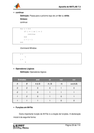 • continue
Definição: Passa para o próximo laço de um
Sintaxe:
continue
for i = 0:3
if i == 1 && i == 2
continue
end
i = i + 1
end
Command Window
i =
1
i =
4
• Operadores Lógicos
Definição: Operadores lógicos
Entradas
A B
0 0
0 1
1 0
1 1
• Funções em M-File
Outra importante função do M
inicial é da seguinte forma:
Apostila de MATLAB 7.3
Página
Passa para o próximo laço de um for ou while
if i == 1 && i == 2
continue
Window:
Operadores Lógicos
Operadores lógicos
and or not
A & B A | B ~A
0 0 1
0 1 1
0 1 0
1 1 0
Outra importante função do M-File é a criação de funções. A declaração
inicial é da seguinte forma:
Apostila de MATLAB 7.3
Página 35 de 114
while.
xor
xor(A,B)
0
1
1
0
funções. A declaração
 