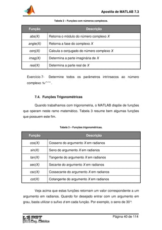 Tabela
Função
abs(X) Retorna o módulo do número complexo
angle(X) Retorna a fase do complexo
conj(X) Calcula o conjugado do número complexo
imag(X) Determina a parte imaginária de
real(X) Determina a parte real de
Exercício 7- Determine todos os parâmetros intrínsecos ao número
complexo (5 3 )
9 i
e +
.
7.4. Funções Trigonométricas
Quando trabalhamos com trigonometria, o MATLAB dispõe de funções
que operam neste ramo matemático.
que possuem este fim.
Função
cos(X) Cosseno do argumento
sin(X) Seno do argumento
tan(X) Tangente do argumento
sec(X) Secante do argumento
csc(X) Cossecante do argumento
cot(X) Cotangente do argumento
Veja acima que estas funções retornam um valor correspondente a um
argumento em radianos. Quando
grau, basta utilizar o sufixo
Apostila de MATLAB 7.3
Página
Tabela 2 – Funções com números complexos.
Descrição
Retorna o módulo do número complexo X
Retorna a fase do complexo X
Calcula o conjugado do número complexo X
Determina a parte imaginária de X
Determina a parte real de X
Determine todos os parâmetros intrínsecos ao número
Funções Trigonométricas
Quando trabalhamos com trigonometria, o MATLAB dispõe de funções
que operam neste ramo matemático. Tabela 3 resume bem algumas funções
Tabela 3 – Funções trigonométricas.
Descrição
Cosseno do argumento X em radianos
Seno do argumento X em radianos
Tangente do argumento X em radianos
Secante do argumento X em radianos
Cossecante do argumento X em radianos
Cotangente do argumento X em radianos
Veja acima que estas funções retornam um valor correspondente a um
argumento em radianos. Quando for desejado entrar com um argumento em
grau, basta utilizar o sufixo d em cada função. Por exemplo, o seno de 30°:
Apostila de MATLAB 7.3
Página 40 de 114
Determine todos os parâmetros intrínsecos ao número
Quando trabalhamos com trigonometria, o MATLAB dispõe de funções
resume bem algumas funções
Veja acima que estas funções retornam um valor correspondente a um
entrar com um argumento em
em cada função. Por exemplo, o seno de 30°:
 