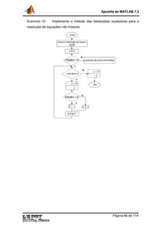 Exercício 10- Implemente o método das
resolução de equações
Apostila de MATLAB 7.3
Página
Implemente o método das bissecções sucessivas para a
equações não lineares.
Apostila de MATLAB 7.3
Página 66 de 114
sucessivas para a
 