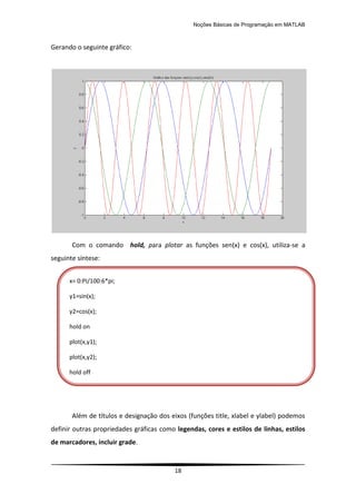 Noções Básicas de Programação em MATLAB
18
Gerando o seguinte gráfico:
Com o comando hold, para plotar as funções sen(x) e cos(x), utiliza-se a
seguinte síntese:
Além de títulos e designação dos eixos (funções title, xlabel e ylabel) podemos
definir outras propriedades gráficas como legendas, cores e estilos de linhas, estilos
de marcadores, incluir grade.
x= 0:PI/100:6*pi;
y1=sin(x);
y2=cos(x);
hold on
plot(x,y1);
plot(x,y2);
hold off
 