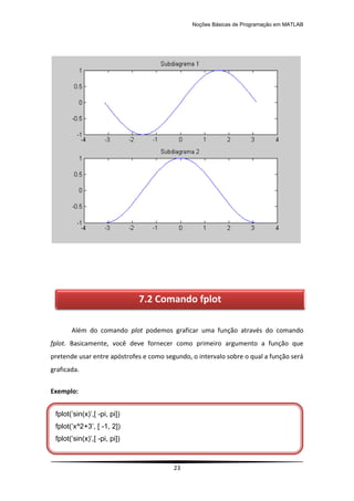 Noções Básicas de Programação em MATLAB
23
Além do comando plot podemos graficar uma função através do comando
fplot. Basicamente, você deve fornecer como primeiro argumento a função que
pretende usar entre apóstrofes e como segundo, o intervalo sobre o qual a função será
graficada.
Exemplo:
fplot(‟sin(x)‟,[ -pi, pi])
fplot(‟x^2+3‟, [ -1, 2])
fplot(‟sin(x)‟,[ -pi, pi])
7.2 Comando fplot
 