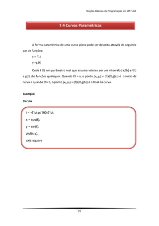 Noções Básicas de Programação em MATLAB
25
A forma paramétrica de uma curva plana pode ser descrita através do seguinte
par de funções:
x = f(t)
y =g (t)
a,ya
cu b,yb
Exemplo:
Círculo
7.4 Curvas Paramétricas
t = -6*pi:pi/100:6*pi;
x = cos(t);
y = sin(t);
plot(x,y);
axis square
 