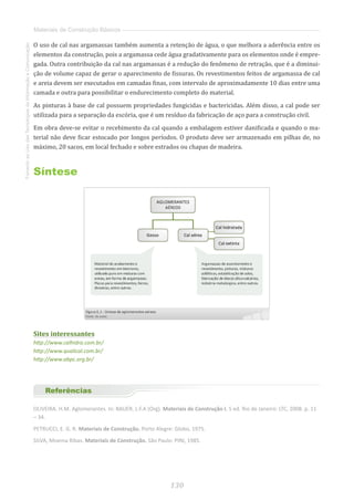 130
FomentoaoUsodasTecnologiasdaInformaçãoeComunicação
Materiais de Construção Básicos
O uso de cal nas argamassas também aumenta a retenção de água, o que melhora a aderência entre os
elementos da construção, pois a argamassa cede água gradativamente para os elementos onde é empre-
gada. Outra contribuição da cal nas argamassas é a redução do fenômeno de retração, que é a diminui-
ção de volume capaz de gerar o aparecimento de fissuras. Os revestimentos feitos de argamassa de cal
e areia devem ser executados em camadas finas, com intervalo de aproximadamente 10 dias entre uma
camada e outra para possibilitar o endurecimento completo do material.
As pinturas à base de cal possuem propriedades fungicidas e bactericidas. Além disso, a cal pode ser
utilizada para a separação da escória, que é um resíduo da fabricação de aço para a construção civil.
Em obra deve-se evitar o recebimento da cal quando a embalagem estiver danificada e quando o ma-
terial não deve ficar estocado por longos períodos. O produto deve ser armazenado em pilhas de, no
máximo, 20 sacos, em local fechado e sobre estrados ou chapas de madeira.
Síntese
Sites interessantes
http://www.calhidra.com.br/
http://www.qualical.com.br/
http://www.abpc.org.br/
Referências
OLIVEIRA. H.M. Aglomerantes. In: BAUER, L.F.A (Org). Materiais de Construção I. 5 ed. Rio de Janeiro: LTC, 2008. p. 11
– 34.
PETRUCCI, E. G. R. Materiais de Construção. Porto Alegre: Globo, 1975.
SILVA, Moema Ribas. Materiais de Construção. São Paulo: PINI, 1985.
 