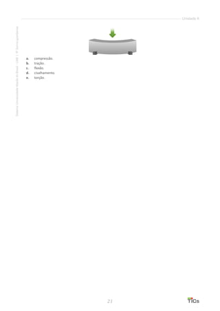 21
SistemaUniversidadeAbertadoBrasil-UAB|IFSul-rio-grandense
Unidade A
a.	 compressão.
b.	 tração.
c.	 flexão.
d.	 cisalhamento.
e.	 torção.
 