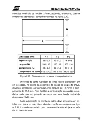 mensões nominais de 19x51x127 mm, podendo, entretanto, possuir
dimensões alternativas, conforme mostrado na figura 2.10.




                                                         W



                               L

                                                         T

      Dimensões (mm)               P-1        P-2         P-3
      Espessura (T)             25 ± 2,5    19 ± 1,0    16 ± 0,5
      Largura (W)              350 ± 10     130 ± 10    130 ± 10
      Comprimento (L)           90 ± 2,0    50 ± 1,0    50 ± 1,0
      Comprimento da solda 63,5 ± 25,0 44,5 ± 25,0 44,5 ± 25,0

        Figura 2.10 - Dimensões dos corpos de prova padronizados

       O cordão de solda nucleador da trinca frágil é depositado, em
um só passe, no centro da superfície de tração do corpo de prova,
devendo apresentar, aproximadamente, largura de 12,7 mm e com-
primento de 63,5 mm. Para facilitar a centralização do cordão, o sol-
dador pode usar um gabarito de cobre com uma fenda central de
dimensões 25x76 mm.
         Após a deposição do cordão de solda, deve ser aberto um en-
talhe com serra ou com disco abrasivo, conforme mostrado na figu-
ra 2.11, tomando-se cuidado para que o entalhe não atinja a superfí-
cie do metal de base.


                                                                   13
 