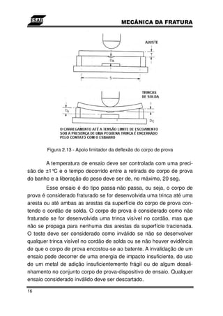 Figura 2.13 - Apoio limitador da deflexão do corpo de prova

       A temperatura de ensaio deve ser controlada com uma preci-
são de ±1°C e o tempo decorrido entre a retirada do corpo de prova
do banho e a liberação do peso deve ser de, no máximo, 20 seg.
        Esse ensaio é do tipo passa-não passa, ou seja, o corpo de
prova é considerado fraturado se for desenvolvida uma trinca até uma
aresta ou até ambas as arestas da superfície do corpo de prova con-
tendo o cordão de solda. O corpo de prova é considerado como não
fraturado se for desenvolvida uma trinca visível no cordão, mas que
não se propaga para nenhuma das arestas da superfície tracionada.
O teste deve ser considerado como inválido se não se desenvolver
qualquer trinca visível no cordão de solda ou se não houver evidência
de que o corpo de prova encostou-se ao batente. A invalidação de um
ensaio pode decorrer de uma energia de impacto insuficiente, do uso
de um metal de adição insuficientemente frágil ou de algum desali-
nhamento no conjunto corpo de prova-dispositivo de ensaio. Qualquer
ensaio considerado inválido deve ser descartado.

16
 