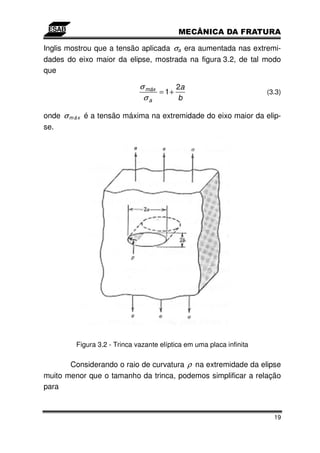 Inglis mostrou que a tensão aplicada σa era aumentada nas extremi-
dades do eixo maior da elipse, mostrada na figura 3.2, de tal modo
que

                              σ máx      2a
                                    = 1+                              (3.3)
                               σa        b

onde σ m á x é a tensão máxima na extremidade do eixo maior da elip-
se.




         Figura 3.2 - Trinca vazante elíptica em uma placa infinita

       Considerando o raio de curvatura ρ na extremidade da elipse
muito menor que o tamanho da trinca, podemos simplificar a relação
para


                                                                        19
 