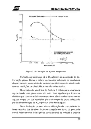 Figura 3.13 - Variação de Kc com a espessura

       Portanto, por definição, KI e KIc referem-se à condição de de-
formação plana. Como o estado de tensões influencia as condições
de escoamento, esse efeito de tamanho está intimamente relacionado
com as restrições de plasticidade mencionadas abaixo.
        O conceito de Mecânica da Fratura é obtido para uma trinca
aguda tendo uma ponta com raio nulo. Isso significa que todos os
defeitos que possam existir no componente são tratados como trincas
agudas e que um dos requisitos para um corpo de prova adequado
para a determinação de KIc é possuir uma trinca aguda.
         Outra limitação provém da consideração de comportamento
linear elástico das tensões, inclusive a região em torno da ponta da
trinca. Praticamente, isso significa que a análise de tensões é precisa

                                                                    35
 