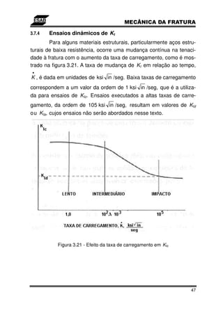 3.7.4   Ensaios dinâmicos de KI
        Para alguns materiais estruturais, particularmente aços estru-
turais de baixa resistência, ocorre uma mudança contínua na tenaci-
dade à fratura com o aumento da taxa de carregamento, como é mos-
trado na figura 3.21. A taxa de mudança de KI em relação ao tempo,
 •
K , é dada em unidades de ksi in /seg. Baixa taxas de carregamento
correspondem a um valor da ordem de 1 ksi in /seg, que é a utiliza-
da para ensaios de KIc. Ensaios executados a altas taxas de carre-
gamento, da ordem de 105 ksi in /seg, resultam em valores de KId
ou KIa, cujos ensaios não serão abordados nesse texto.




           Figura 3.21 - Efeito da taxa de carregamento em KIc




                                                                    47
 