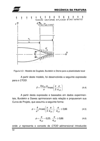 Figura 4.3 - Modelo de Dugdale, Burdekin e Stone para a plasticidade local

        A partir deste modelo, foi desenvolvida a seguinte expressão
para o CTOD:

                                 8 eLE a           π σ
                        δ =                lnsec                       (4.4)
                                   π               2 σ LE

        A partir desta expressão e baseados em dados experimen-
tais, Burdekin e Dawes aprimoraram esta relação e propuseram sua
Curva de Projeto, que assumiu a seguinte forma:

                        4                π e            e
                   φ=       2
                                ln sec             ,        ≤ 0,86     (4.5)
                        π                2 e LE        e LE

                                 e             e
                        φ=           − 0,25 ,      ≥ 0,86              (4.6)
                                e LE          e LE

onde φ representa o conceito de CTOD adimensional introduzido
52
 