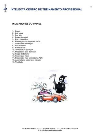 14
INTELECTA CENTRO DE TREINAMENTO PROFISSIONAL
RUA JORGE OZI , 615 – ITAPETININGA-SP TEL: (15) 32753419 32753420
E MAIL: intreina@yahoo.com.br
INDICADORES DO PAINEL
1. Luzes
2. Luz baixa
3. Luz alta
4. Luzes do painel
5. Farol de neblina
6. Regulagem de altura dos faróis
7. Sinalizador de direção
8. Luz de alerta
9. Combustível
10. Temperatura do motor
11. Pressão do óleo do motor
12. Carga da bateria
13. Sistema de freios
14. Sistema de freio antiblocante ABS
15. Anomalia no sistema de injeção
16. Ventilador
 