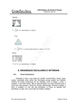 ETE Rubens de Farias E Souza
                                              Mecânica Técnica




           8. GRANDEZAS ESCALARES E VETORIAIS
    8.1.        O QUE É GRANDEZA?

      Grandeza é tudo o que pode ser medido. Comprimento, tempo, força,
massa, velocidade entre outros são Grandezas porque podem ser medidos.
Todavia há coisas impossíveis de ser medidas, como a fadiga, o amor, a
coragem, a dor entre outros. Não é possível atribuir um valor numérico para o
amor pois cada pessoa o sente de maneira diferenciada. Portanto a fadiga, o
amor, a coragem e a dor não são grandezas. A Física, só trabalha com
grandezas, ou seja, com o que pode ser medido, avaliado.




Prof. Helio Canavesi Filho                                       Página 14 de 35
 