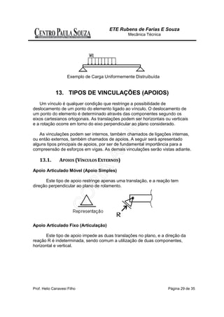 ETE Rubens de Farias E Souza
                                                Mecânica Técnica




                    Exemplo de Carga Uniformemente Distruibuída


             13. TIPOS DE VINCULAÇÕES (APOIOS)
   Um vínculo é qualquer condição que restringe a possibilidade de
deslocamento de um ponto do elemento ligado ao vínculo. O deslocamento de
um ponto do elemento é determinado através das componentes segundo os
eixos cartesianos ortogonais. As translações podem ser horizontais ou verticais
e a rotação ocorre em torno do eixo perpendicular ao plano considerado.

   As vinculações podem ser internos, também chamados de ligações internas,
ou então externos, também chamados de apoios. A seguir será apresentado
alguns tipos principais de apoios, por ser de fundamental importância para a
compreensão de esforços em vigas. As demais vinculações serão vistas adiante.

    13.1.       APOIOS (VÍNCULOS EXTERNOS)

Apoio Articulado Móvel (Apoio Simples)

      Este tipo de apoio restringe apenas uma translação, e a reação tem
direção perpendicular ao plano de rolamento.




Apoio Articulado Fixo (Articulação)

       Este tipo de apoio impede as duas translações no plano, e a direção da
reação R é indeterminada, sendo comum a utilização de duas componentes,
horizontal e vertical.




Prof. Helio Canavesi Filho                                          Página 29 de 35
 
