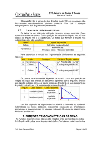 ETE Rubens de Farias E Souza
                                                   Mecânica Técnica


      Observação: Se a soma de dois ângulos mede 90° est es ângulos são
                                                   ,
denominados complementares, portanto podemos dizer que o triângulo
retângulo possui dois ângulos complementares.

    1.2.           LADOS DE UM TRIÂNGULO RETÂNGULO
       Os lados de um triângulo retângulo recebem nomes especiais. Estes
nomes são dados de acordo com a posição em relação ao ângulo reto. O lado
oposto ao ângulo reto é a hipotenusa. Os lados que formam o ângulo reto
(adjacentes a ele) são os catetos.
         Termo                         Origem da palavra
         Cateto                     Cathetós: (perpendicular)
                                          Hypoteinusa:
       Hipotenusa
                                Hypó(por baixo) + teino(eu estendo)

      Para padronizar o estudo da Trigonometria, adotaremos as seguintes
notações:
      Letra   Lado          Triângulo     Vértice = Ângulo Medida
        a Hipotenusa                      A = Ângulo reto A=90°
        b    Cateto                       B = Ângulo agudo B<90°

           c        Cateto                         C = Ângulo agudo C<90°



      Os catetos recebem nomes especiais de acordo com a sua posição em
relação ao ângulo sob análise. Se estivermos operando com o ângulo C, então o
lado oposto, indicado por c, é o cateto oposto ao ângulo C e o lado adjacente ao
ângulo C, indicado por b, é o cateto adjacente ao ângulo C.
        Ângulo     Lado oposto Lado adjacente
                                       b cateto
          C       c cateto oposto
                                      adjacente
                                        c cateto
               B     b cateto oposto
                                       adjacente


       Um dos objetivos da trigonometria é mostrar a utilidade do conceitos
matemáticos no nosso cotidiano. Iniciaremos estudando as propriedades
geométricas e trigonométricas no triângulo retângulo. O estudo da trigonometria
é extenso e minucioso.

           2. FUNÇÕES TRIGONOMÉTRICAS BÁSICAS
 As Funções trigonométricas básicas são relações entre as medidas dos lados
do triângulo retângulo e seus ângulos. As três funções básicas mais importantes



Prof. Helio Canavesi Filho                                            Página 3 de 35
 