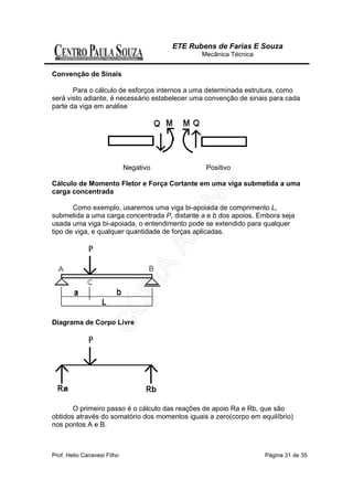 ETE Rubens de Farias E Souza
                                               Mecânica Técnica


Convenção de Sinais

       Para o cálculo de esforços internos a uma determinada estrutura, como
será visto adiante, é necessário estabelecer uma convenção de sinais para cada
parte da viga em análise




                             Negativo           Positivo

Cálculo de Momento Fletor e Força Cortante em uma viga submetida a uma
carga concentrada

       Como exemplo, usaremos uma viga bi-apoiada de comprimento L,
submetida a uma carga concentrada P, distante a e b dos apoios. Embora seja
usada uma viga bi-apoiada, o entendimento pode se extendido para qualquer
tipo de viga, e qualquer quantidade de forças aplicadas.




Diagrama de Corpo Livre




       O primeiro passo é o cálculo das reações de apoio Ra e Rb, que são
obtidos através do somatório dos momentos iguais a zero(corpo em equilíbrio)
nos pontos A e B.



Prof. Helio Canavesi Filho                                         Página 31 de 35
 