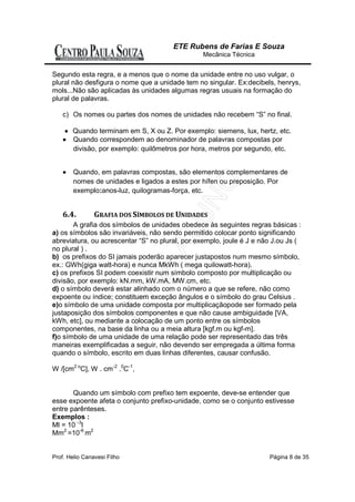 ETE Rubens de Farias E Souza
                                                 Mecânica Técnica


Segundo esta regra, e a menos que o nome da unidade entre no uso vulgar, o
plural não desfigura o nome que a unidade tem no singular. Ex:decibels, henrys,
mols...Não são aplicadas às unidades algumas regras usuais na formação do
plural de palavras.

    c) Os nomes ou partes dos nomes de unidades não recebem “S” no final.

     • Quando terminam em S, X ou Z. Por exemplo: siemens, lux, hertz, etc.
    • Quando correspondem ao denominador de palavras compostas por
       divisão, por exemplo: quilômetros por hora, metros por segundo, etc.


    •   Quando, em palavras compostas, são elementos complementares de
        nomes de unidades e ligados a estes por hífen ou preposição. Por
        exemplo:anos-luz, quilogramas-força, etc.


    6.4.        GRAFIA DOS SÍMBOLOS DE UNIDADES
       A grafia dos símbolos de unidades obedece às seguintes regras básicas :
a) os símbolos são invariáveis, não sendo permitido colocar ponto significando
abreviatura, ou acrescentar “S” no plural, por exemplo, joule é J e não J.ou Js (
no plural ) .
b) os prefixos do SI jamais poderão aparecer justapostos num mesmo símbolo,
ex.: GWh(giga watt-hora) e nunca MkWh ( mega quilowatt-hora).
c) os prefixos SI podem coexistir num símbolo composto por multiplicação ou
divisão, por exemplo: kN.mm, kW.mA, MW.cm, etc.
d) o símbolo deverá estar alinhado com o número a que se refere, não como
expoente ou índice; constituem exceção ângulos e o símbolo do grau Celsius .
e)o símbolo de uma unidade composta por multiplicaçãopode ser formado pela
justaposição dos símbolos componentes e que não cause ambiguidade [VA,
kWh, etc], ou mediante a colocação de um ponto entre os símbolos
componentes, na base da linha ou a meia altura [kgf.m ou kgf-m].
f)o símbolo de uma unidade de uma relação pode ser representado das três
maneiras exemplificadas a seguir, não devendo ser empregada a última forma
quando o símbolo, escrito em duas linhas diferentes, causar confusão.

W /[cm2 oC], W . cm-2 .0C-1,


       Quando um símbolo com prefixo tem expoente, deve-se entender que
esse expoente afeta o conjunto prefixo-unidade, como se o conjunto estivesse
entre parênteses.
Exemplos :
Ml = 10 -3l
Mm2 =10-6 m2


Prof. Helio Canavesi Filho                                            Página 8 de 35
 
