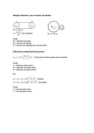 Relação diâmetro, rpm e número de dentes:
D1 n1= D2 n2
v =
60
nDπ
(vel. Angular) N1 n1= N2 n2
Onde:
D = diâmetro da polia
N = número de dentes
n = número de rotações por minuto (rpm)
Cálculo do comprimento da correia:
L (m) = 3,25
2
dD
2 ⎟
⎠
⎞
⎜
⎝
⎛ +
+δ (Tanto para direta quanto para cruzada)
Onde:
δ = distância entre eixos,
D = diâmetro da polia maior,
d = diâmetro da polia menor.
Ou
L = 22
)r'-r(2)r'(r +++ δπ (direta)
L = 22
)r'r((2)r'(r ++δ++π (Cruzada)
Onde:
r = raio da polia maior
r’ = raio da polia menor
 