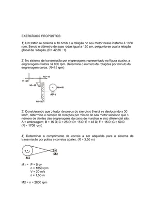 EXERCÍCIOS PROPOSTOS:
1) Um trator se desloca a 10 Km/h e a rotação do seu motor nesse instante é 1850
rpm. Sendo o diâmetro de suas rodas igual a 120 cm, pergunta-se qual a relação
global de redução. (R= 42,86 : 1)
2) No sistema de transmissão por engrenagens representado na figura abaixo, a
engrenagem motora dá 800 rpm. Determine o número de rotações por minuto da
engrenagem coroa. (R=15 rpm)
3) Considerando que o trator de pneus do exercício 6 está se deslocando a 30
km/h, determine o número de rotações por minuto do seu motor sabendo que o
número de dentes das engrenagens da caixa de marchas e eixo diferencial são:
A = embreagem; B = 15 D; C = 25 D; D= 15 D; E = 45 D; F = 15 D; G = 50 D
(R = 1700 rpm)
4) Determinar o comprimento da correia a ser adquirida para o sistema de
transmissão por polias e correias abaixo. (R = 3,56 m)
M1 = P = 5 cv
n = 1850 rpm
V = 20 m/s
δ = 1,50 m
M2 = n = 2800 rpm
 