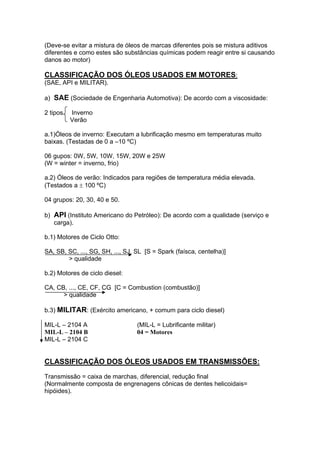 (Deve-se evitar a mistura de óleos de marcas diferentes pois se mistura aditivos
diferentes e como estes são substâncias químicas podem reagir entre si causando
danos ao motor)
CLASSIFICAÇÃO DOS ÓLEOS USADOS EM MOTORES:
(SAE, API e MILITAR).
a) SAE (Sociedade de Engenharia Automotiva): De acordo com a viscosidade:
2 tipos Inverno
Verão
a.1)Óleos de inverno: Executam a lubrificação mesmo em temperaturas muito
baixas. (Testadas de 0 a –10 ºC)
06 gupos: 0W, 5W, 10W, 15W, 20W e 25W
(W = winter = inverno, frio)
a.2) Óleos de verão: Indicados para regiões de temperatura média elevada.
(Testados a ± 100 ºC)
04 grupos: 20, 30, 40 e 50.
b) API (Instituto Americano do Petróleo): De acordo com a qualidade (serviço e
carga).
b.1) Motores de Ciclo Otto:
SA, SB, SC, ..., SG, SH, ..., SJ, SL [S = Spark (faísca, centelha)]
> qualidade
b.2) Motores de ciclo diesel:
CA, CB, ..., CE, CF, CG [C = Combustion (combustão)]
> qualidade
b.3) MILITAR: (Exército americano, + comum para ciclo diesel)
MIL-L – 2104 A (MIL-L = Lubrificante militar)
MIL-L – 2104 B 04 = Motores
MIL-L – 2104 C
CLASSIFICAÇÃO DOS ÓLEOS USADOS EM TRANSMISSÕES:
Transmissão = caixa de marchas, diferencial, redução final
(Normalmente composta de engrenagens cônicas de dentes helicoidais=
hipóides).
 