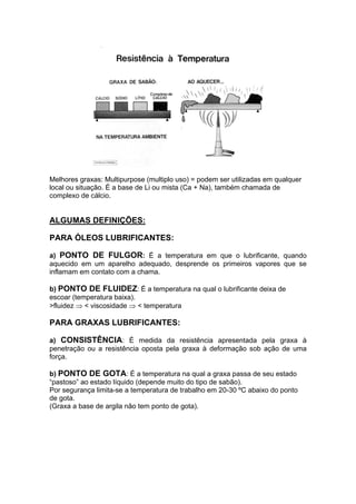 Melhores graxas: Multipurpose (multiplo uso) = podem ser utilizadas em qualquer
local ou situação. É a base de Li ou mista (Ca + Na), também chamada de
complexo de cálcio.
ALGUMAS DEFINIÇÕES:
PARA ÓLEOS LUBRIFICANTES:
a) PONTO DE FULGOR: É a temperatura em que o lubrificante, quando
aquecido em um aparelho adequado, desprende os primeiros vapores que se
inflamam em contato com a chama.
b) PONTO DE FLUIDEZ: É a temperatura na qual o lubrificante deixa de
escoar (temperatura baixa).
>fluidez ⇒ < viscosidade ⇒ < temperatura
PARA GRAXAS LUBRIFICANTES:
a) CONSISTÊNCIA: É medida da resistência apresentada pela graxa à
penetração ou a resistência oposta pela graxa à deformação sob ação de uma
força.
b) PONTO DE GOTA: É a temperatura na qual a graxa passa de seu estado
“pastoso” ao estado líquido (depende muito do tipo de sabão).
Por segurança limita-se a temperatura de trabalho em 20-30 ºC abaixo do ponto
de gota.
(Graxa a base de argila não tem ponto de gota).
 