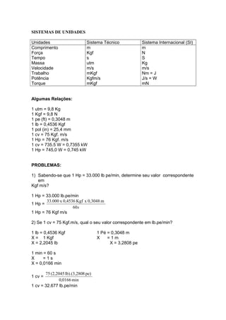 SISTEMAS DE UNIDADES
Unidades Sistema Técnico Sistema Internacional (SI)
Comprimento
Força
Tempo
Massa
Velocidade
Trabalho
Potência
Torque
m
Kgf
s
utm
m/s
mKgf
Kgfm/s
mKgf
m
N
S
Kg
m/s
Nm = J
J/s = W
mN
Algumas Relações:
1 utm = 9,8 Kg
1 Kgf = 9,8 N
1 pe (ft) = 0,3048 m
1 lb = 0,4536 Kgf
1 pol (in) = 25,4 mm
1 cv = 75 Kgf. m/s
1 Hp = 76 Kgf. m/s
1 cv = 735.5 W = 0,7355 kW
1 Hp = 745,0 W = 0,745 kW
PROBLEMAS:
1) Sabendo-se que 1 Hp = 33.000 lb pe/min, determine seu valor correspondente
em
Kgf m/s?
1 Hp = 33.000 lb.pe/min
1 Hp =
s60
m0,3048xKgf0,4536x33.000
1 Hp = 76 Kgf m/s
2) Se 1 cv = 75 Kgf.m/s, qual o seu valor correspondente em lb.pe/min?
1 lb = 0,4536 Kgf 1 Pé = 0,3048 m
X = 1 Kgf X = 1 m
X = 2,2045 lb X = 3,2808 pe
1 min = 60 s
X = 1 s
X = 0,0166 min
1 cv =
min0166,0
pe)8lb).(3,280(2,204575
1 cv = 32.677 lb.pe/min
 