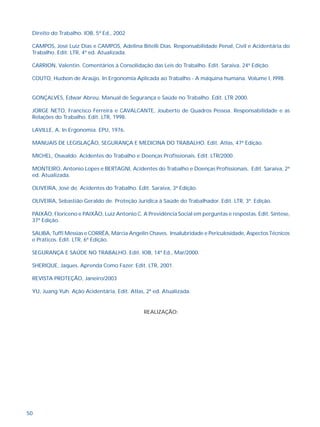50
Direito do Trabalho. IOB, 5ª Ed., 2002
CAMPOS, José Luiz Dias e CAMPOS, Adelina Bitelli Dias. Responsabilidade Penal, Civil e Acidentária do
Trabalho. Edit. LTR, 4ª ed. Atualizada.
CARRION, Valentin. Comentários à Consolidação das Leis do Trabalho. Edit. Saraiva, 24ª Edição.
COUTO, Hudson de Araújo. In Ergonomia Aplicada ao Trabalho - A máquina humana. Volume I, l998.
GONÇALVES, Edwar Abreu. Manual de Segurança e Saúde no Trabalho. Edit. LTR 2000.
JORGE NETO, Francisco Ferreira e CAVALCANTE, Jouberto de Quadros Pessoa. Responsabilidade e as
Relações do Trabalho. Edit. LTR, 1998.
LAVILLE, A. In Ergonomia. EPU, 1976.
MANUAIS DE LEGISLAÇÃO, SEGURANÇA E MEDICINA DO TRABALHO. Edit. Atlas, 47ª Edição.
MICHEL, Oswaldo. Acidentes do Trabalho e Doenças Profissionais. Edit. LTR/2000.
MONTEIRO, Antonio Lopes e BERTAGNI, Acidentes do Trabalho e Doenças Profissionais, Edit. Saraiva, 2ª
ed. Atualizada.
OLIVEIRA, José de. Acidentes do Trabalho. Edit. Saraiva, 3ª Edição.
OLIVEIRA, Sebastião Geraldo de. Proteção Jurídica à Saúde do Trabalhador. Edit. LTR, 3ª. Edição.
PAIXÃO, Floriceno e PAIXÃO, Luiz Antonio C. A Previdência Social em perguntas e respostas. Edit. Síntese,
37ª Edição.
SALIBA, Tuffi Messias e CORRÊA, Márcia Angelin Chaves. Insalubridade e Periculosidade, Aspectos Técnicos
e Práticos. Edit. LTR, 6ª Edição.
SEGURANÇA E SAÚDE NO TRABALHO. Edit. IOB, 14ª Ed., Mar/2000.
SHERIQUE, Jaques. Aprenda Como Fazer. Edit. LTR, 2001.
REVISTA PROTEÇÃO, Janeiro/2003
YU, Juang Yuh. Ação Acidentária, Edit. Atlas, 2ª ed. Atualizada.
REALIZAÇÃO:
 