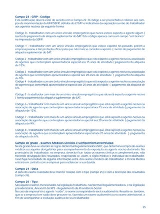 Campo 23 - GFIP - Código 
Esta codificação deverá estar de acordo com o Campo 22. O código a ser preenchido é relativo aos cam-pos 
de movimentação da GFIP/SEFIP, obtidos do LTCAT e indicativos da exposição ou não do trabalhador 
25 
aos agentes nocivos da seguinte forma: 
Código 0 - trabalhador com um único vínculo empregatício que nunca esteve exposto a agente algum ( 
isento de pagamento de alíquota suplementar do SAT. Este código aparece como um campo “em branco” 
na impressão da SEFIP. 
Código 1 - trabalhador com um único vínculo empregatício que esteve exposto no passado, porém a 
empresa passou a dar proteção eficaz pelo que não mais se considera exposto ( isento de pagamento de 
alíquota suplementar do SAT. 
Código 2 - trabalhador com um único vínculo empregatício que está exposto a agente nocivo ou associação 
de agentes que contemplam aposentadoria especial aos 15 anos de atividade ( pagamento da alíquota 
de 12%. 
Código 3 - trabalhador com um único vínculo empregatício que está exposto a agente nocivo ou associação 
de agentes que contemplam aposentadoria especial aos 20 anos de atividade ( pagamento da alíquota 
de 9%. 
Código 4 - trabalhador com um único vínculo empregatício que está exposto a agente nocivo ou associação 
de agentes que contempla aposentadoria especial aos 25 anos de atividade ( pagamento da alíquota de 
6%. 
Código 5 - trabalhador com mais de um único vínculo empregatício que não está exposto a agente nocivo 
( isento pagamento da alíquota suplementar do SAT. 
Código 6 - trabalhador com mais de um único vínculo empregatício que está exposto a agente nocivo ou 
associação de agentes que contemplam aposentadoria especial aos 15 anos de atividade ( pagamento da 
alíquota de 12%. 
Código 7 - trabalhador com mais de um único vínculo empregatício que está exposto a agente nocivo ou 
associação de agentes que contemplam aposentadoria especial aos 20 anos de atividade ( pagamento da 
alíquota de 9%. 
Código 8 - trabalhador com mais de um único vínculo empregatício que está exposto a agente nocivo ou 
associação de agentes que contemplam aposentadoria especial aos 25 anos de atividade ( pagamento 
da alíquota de 6%. 
Campo de grade - Exames Médicos Clínicos e Complementares/Posição 
Nesta grade deve-se atender as regras da Norma Regulamentadora NR7, que determina os tipos de exames 
médicos ou aqueles obrigatórios para acompanhamento da exposição ao agente nocivo declarado. No 
prontuário do trabalhador, na empresa, deverão ficar todos os exames clínicos e complementares, não 
havendo divulgação dos resultados, respeitando-se, assim, o sigilo médico e individual do trabalhador. 
Caso haja necessidade de alguma informação extra, dos exames médicos do trabalhador, a Perícia Médica 
entrará em contato com a empresa para esclarecer a sua dúvida. 
Campo 24 - Data 
A data do exame realizado deve manter relação com o tipo (campo 25) e com a descrição dos resultados 
(campo 26). 
Campo 25 - Tipo 
São aqueles exames mencionados na legislação trabalhista, nas Normas Regulamentadoras, e na legislação 
previdenciária, Anexo IV do RPS - Regulamento da Previdência Social. 
No caso da empresa ter o agente “ruído”, o exame correspondente será a audiometria. Ressalte-se, também, 
que se a empresa tem ruído deve precaver-se, fazendo um exame audiométrico no exame admissional, a 
fim de acompanhar a evolução auditiva de seu trabalhador. 
 