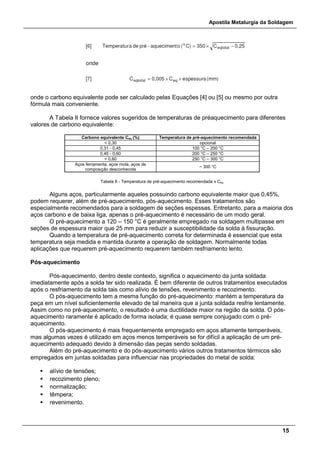 Apostila Metalurgia da Soldagem
15
onde o carbono equivalente pode ser calculado pelas Equações [4] ou [5] ou mesmo por outra
fórmula mais conveniente.
A Tabela II fornece valores sugeridos de temperaturas de préaquecimento para diferentes
valores de carbono equivalente:
Carbono equivalente Ceq (%) Temperatura de pré-aquecimento recomendada
< 0,30 opcional
0,31 - 0,45 100 °C – 200 °C
0,45 - 0,60 200 °C – 250 °C
> 0,60 250 °C – 300 °C
Aços ferramenta, aços mola, aços de
composição desconhecida
~ 300 °C
Tabela II - Temperatura de pré-aquecimento recomendada x Ceq
Alguns aços, particularmente aqueles possuindo carbono equivalente maior que 0,45%,
podem requerer, além de pré-aquecimento, pós-aquecimento. Esses tratamentos são
especialmente recomendados para a soldagem de seções espessas. Entretanto, para a maioria dos
aços carbono e de baixa liga, apenas o pré-aquecimento é necessário de um modo geral.
O pré-aquecimento a 120 – 150 °C é geralmente empregado na soldagem multipasse em
seções de espessura maior que 25 mm para reduzir a susceptibilidade da solda à fissuração.
Quando a temperatura de pré-aquecimento correta for determinada é essencial que esta
temperatura seja medida e mantida durante a operação de soldagem. Normalmente todas
aplicações que requerem pré-aquecimento requerem também resfriamento lento.
Pós-aquecimento
Pós-aquecimento, dentro deste contexto, significa o aquecimento da junta soldada
imediatamente após a solda ter sido realizada. É bem diferente de outros tratamentos executados
após o resfriamento da solda tais como alívio de tensões, revenimento e recozimento.
O pós-aquecimento tem a mesma função do pré-aquecimento: mantém a temperatura da
peça em um nível suficientemente elevado de tal maneira que a junta soldada resfrie lentamente.
Assim como no pré-aquecimento, o resultado é uma ductilidade maior na região da solda. O pós-
aquecimento raramente é aplicado de forma isolada; é quase sempre conjugado com o pré-
aquecimento.
O pós-aquecimento é mais frequentemente empregado em aços altamente temperáveis,
mas algumas vezes é utilizado em aços menos temperáveis se for difícil a aplicação de um pré-
aquecimento adequado devido à dimensão das peças sendo soldadas.
Além do pré-aquecimento e do pós-aquecimento vários outros tratamentos térmicos são
empregados em juntas soldadas para influenciar nas propriedades do metal de solda:
 alívio de tensões;
 recozimento pleno;
 normalização;
 têmpera;
 revenimento.
 