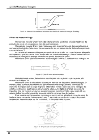 Apostila Metalurgia da Soldagem
24
Figura 16 - Efeito de concentradores de tensões na ductilidade de metais com transição dúctil-frágil.
Ensaio de impacto Charpy
O ensaio de impacto Charpy tem sido extensivamente usado nos ensaios mecânicos de
produtos de aço e em pesquisa por mais de quatro décadas.
O ensaio de impacto Charpy está relacionado com o comportamento do material sujeito a
carregamento dinâmico (altas taxas de carregamento) e a um estado triaxial de tensões associado
a um entalhe em V.
As características essenciais para um ensaio de impacto são: um corpo de prova adequado,
um suporte no qual o corpo de prova é colocado, um martelo com energia cinética conhecida e um
dispositivo de medição da energia absorvida na quebra do corpo de prova.
O corpo de prova padrão conforme a especificação ASTM E23 pode ser visto na Figura 17.
Figura 17 - Corpo de prova de impacto Charpy.
O dispositivo de ensaio, bem como o suporte para colocação do corpo de prova, são
mostrados na Figura 18.
O corpo de prova é colocado no suporte por meio de um dispositivo de centralização. O
martelo, preso a uma altura determinada para fornecer uma energia cinética conhecida no
momento do impacto com o corpo de prova, é liberado e rompe o corpo de prova na região do
entalhe, continuando sua trajetória até uma certa altura. A medição da energia absorvida no
impacto é feita por meio de um cursor que acompanha o martelo em todo o seu curso até seu
retorno, indicando a diferença entre a energia inicial e a energia final do martelo.
Para ensaios com temperatura controlada, o tempo entre a retirada do corpo de prova do
banho e a sua fratura não deve exceder 5 seg. O tempo de permanência do corpo de prova à
temperatura de ensaio deve ser de, no mínimo, 10 min para meios líquidos.
Figura 18 - Dispositivo de ensaio de impacto Charpy.
 