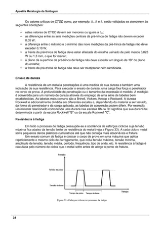 Apostila Metalurgia da Soldagem
34
Os valores críticos de CTOD como, por exemplo, δc, δi e δu serão validados se atenderem às
seguintes condições:
 estes valores de CTOD devem ser menores ou iguais a δm;
 as diferenças entre as sete medições centrais da pré-trinca de fadiga não devem exceder
0,05 W;
 a diferença entre o máximo e o mínimo das nove medições da pré-trinca de fadiga não deve
exceder 0,10 W;
 a frente da pré-trinca de fadiga deve estar afastada do entalhe usinado de pelo menos 0,025
W ou 1,3 mm, o que for menor;
 o plano da superfície da pré-trinca de fadiga não deve exceder um ângulo de 10° do plano
do entalhe;
 a frente da pré-trinca de fadiga não deve ser multiplanar nem ramificada.
Ensaio de dureza
A resistência de um metal a penetrações é uma medida de sua dureza e também uma
indicação de sua resistência. Para executar o ensaio de dureza, uma carga fixa força o penetrador
no corpo de prova. A profundidade de penetração ou o tamanho da impressão é medido. A medição
é convertida para um número de dureza através do emprego de uma série de tabelas bem
estabelecidas. As tabelas mais comuns são a Brinell, Vickers, Knoop e Rockwell. A dureza
Rockwell é adicionalmente dividida em diferentes escalas e, dependendo do material a ser testado,
da forma do penetrador e da carga aplicada, as tabelas de conversão podem diferir. Por exemplo,
um material relacionado como tendo uma dureza nas escalas Rb ou Rc significa que sua dureza foi
determinada a partir da escala Rockwell "B" ou da escala Rockwell "C".
Resistência à fadiga
Em todo o processo de fadiga pressupõe-se a ocorrência de esforços cíclicos cuja tensão
máxima fica abaixo da tensão limite de resistência do metal (veja a Figura 33). A cada ciclo o metal
sofre pequenos danos plásticos cumulativos até que não consiga mais absorvê-los e frature.
Um ensaio comum de fadiga é colocar o corpo de prova em uma máquina que aplica
repetidamente o mesmo ciclo de carregamento, que inclui tensão máxima, tensão mínima,
amplitude de tensão, tensão média, período, frequência, tipo de onda, etc. A resistência à fadiga é
calculada pelo número de ciclos que o metal sofre antes de atingir o ponto de fratura.
Figura 33 - Esforços cíclicos no processo de fadiga
 