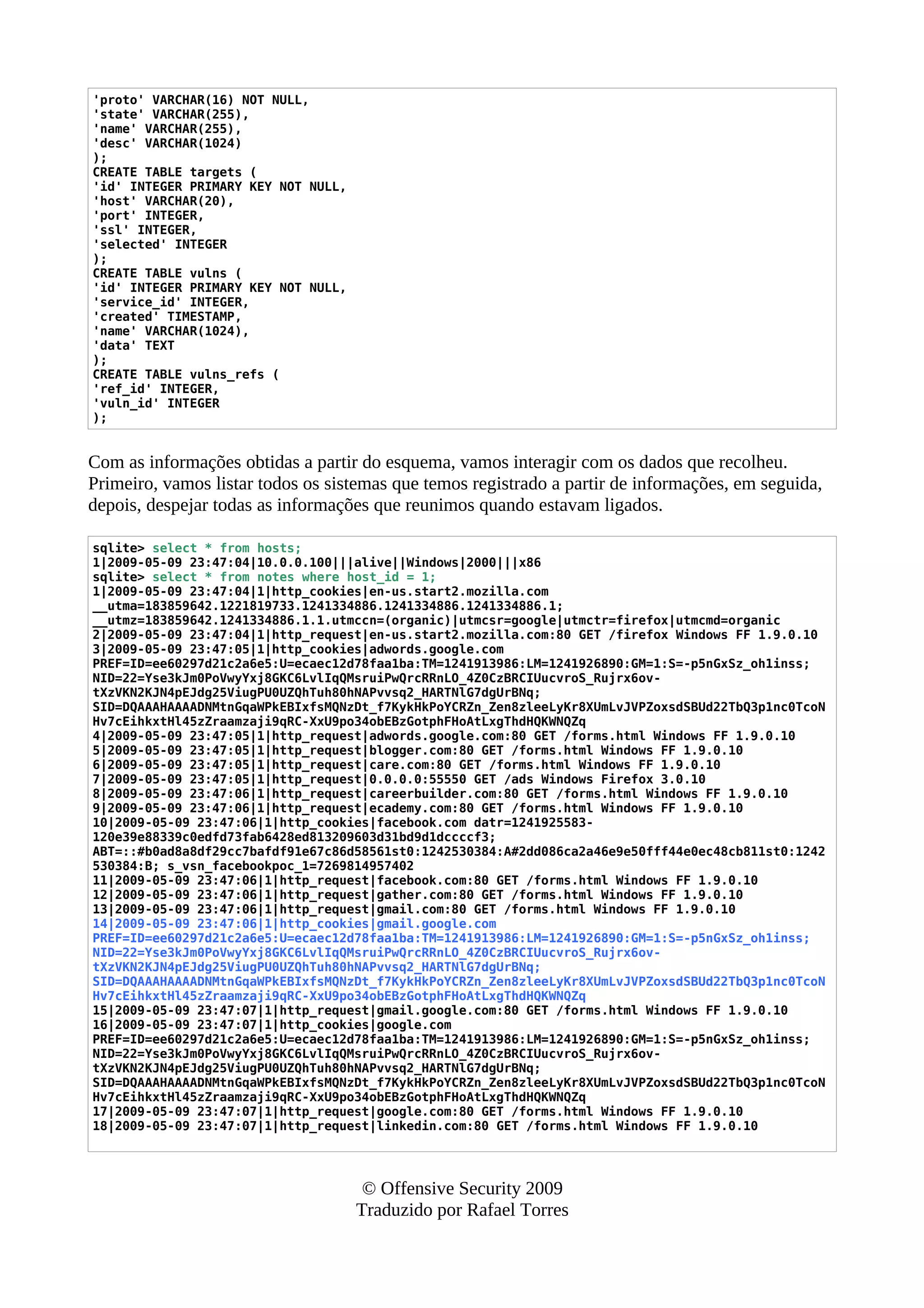 'proto' VARCHAR(16) NOT NULL,
'state' VARCHAR(255),
'name' VARCHAR(255),
'desc' VARCHAR(1024)
);
CREATE TABLE targets (
'id' INTEGER PRIMARY KEY NOT NULL,
'host' VARCHAR(20),
'port' INTEGER,
'ssl' INTEGER,
'selected' INTEGER
);
CREATE TABLE vulns (
'id' INTEGER PRIMARY KEY NOT NULL,
'service_id' INTEGER,
'created' TIMESTAMP,
'name' VARCHAR(1024),
'data' TEXT
);
CREATE TABLE vulns_refs (
'ref_id' INTEGER,
'vuln_id' INTEGER
);
Com as informações obtidas a partir do esquema, vamos interagir com os dados que recolheu.
Primeiro, vamos listar todos os sistemas que temos registrado a partir de informações, em seguida,
depois, despejar todas as informações que reunimos quando estavam ligados.
sqlite> select * from hosts;
1|2009-05-09 23:47:04|10.0.0.100|||alive||Windows|2000|||x86
sqlite> select * from notes where host_id = 1;
1|2009-05-09 23:47:04|1|http_cookies|en-us.start2.mozilla.com
__utma=183859642.1221819733.1241334886.1241334886.1241334886.1;
__utmz=183859642.1241334886.1.1.utmccn=(organic)|utmcsr=google|utmctr=firefox|utmcmd=organic
2|2009-05-09 23:47:04|1|http_request|en-us.start2.mozilla.com:80 GET /firefox Windows FF 1.9.0.10
3|2009-05-09 23:47:05|1|http_cookies|adwords.google.com
PREF=ID=ee60297d21c2a6e5:U=ecaec12d78faa1ba:TM=1241913986:LM=1241926890:GM=1:S=-p5nGxSz_oh1inss;
NID=22=Yse3kJm0PoVwyYxj8GKC6LvlIqQMsruiPwQrcRRnLO_4Z0CzBRCIUucvroS_Rujrx6ov-
tXzVKN2KJN4pEJdg25ViugPU0UZQhTuh80hNAPvvsq2_HARTNlG7dgUrBNq;
SID=DQAAAHAAAADNMtnGqaWPkEBIxfsMQNzDt_f7KykHkPoYCRZn_Zen8zleeLyKr8XUmLvJVPZoxsdSBUd22TbQ3p1nc0TcoN
Hv7cEihkxtHl45zZraamzaji9qRC-XxU9po34obEBzGotphFHoAtLxgThdHQKWNQZq
4|2009-05-09 23:47:05|1|http_request|adwords.google.com:80 GET /forms.html Windows FF 1.9.0.10
5|2009-05-09 23:47:05|1|http_request|blogger.com:80 GET /forms.html Windows FF 1.9.0.10
6|2009-05-09 23:47:05|1|http_request|care.com:80 GET /forms.html Windows FF 1.9.0.10
7|2009-05-09 23:47:05|1|http_request|0.0.0.0:55550 GET /ads Windows Firefox 3.0.10
8|2009-05-09 23:47:06|1|http_request|careerbuilder.com:80 GET /forms.html Windows FF 1.9.0.10
9|2009-05-09 23:47:06|1|http_request|ecademy.com:80 GET /forms.html Windows FF 1.9.0.10
10|2009-05-09 23:47:06|1|http_cookies|facebook.com datr=1241925583-
120e39e88339c0edfd73fab6428ed813209603d31bd9d1dccccf3;
ABT=::#b0ad8a8df29cc7bafdf91e67c86d58561st0:1242530384:A#2dd086ca2a46e9e50fff44e0ec48cb811st0:1242
530384:B; s_vsn_facebookpoc_1=7269814957402
11|2009-05-09 23:47:06|1|http_request|facebook.com:80 GET /forms.html Windows FF 1.9.0.10
12|2009-05-09 23:47:06|1|http_request|gather.com:80 GET /forms.html Windows FF 1.9.0.10
13|2009-05-09 23:47:06|1|http_request|gmail.com:80 GET /forms.html Windows FF 1.9.0.10
14|2009-05-09 23:47:06|1|http_cookies|gmail.google.com
PREF=ID=ee60297d21c2a6e5:U=ecaec12d78faa1ba:TM=1241913986:LM=1241926890:GM=1:S=-p5nGxSz_oh1inss;
NID=22=Yse3kJm0PoVwyYxj8GKC6LvlIqQMsruiPwQrcRRnLO_4Z0CzBRCIUucvroS_Rujrx6ov-
tXzVKN2KJN4pEJdg25ViugPU0UZQhTuh80hNAPvvsq2_HARTNlG7dgUrBNq;
SID=DQAAAHAAAADNMtnGqaWPkEBIxfsMQNzDt_f7KykHkPoYCRZn_Zen8zleeLyKr8XUmLvJVPZoxsdSBUd22TbQ3p1nc0TcoN
Hv7cEihkxtHl45zZraamzaji9qRC-XxU9po34obEBzGotphFHoAtLxgThdHQKWNQZq
15|2009-05-09 23:47:07|1|http_request|gmail.google.com:80 GET /forms.html Windows FF 1.9.0.10
16|2009-05-09 23:47:07|1|http_cookies|google.com
PREF=ID=ee60297d21c2a6e5:U=ecaec12d78faa1ba:TM=1241913986:LM=1241926890:GM=1:S=-p5nGxSz_oh1inss;
NID=22=Yse3kJm0PoVwyYxj8GKC6LvlIqQMsruiPwQrcRRnLO_4Z0CzBRCIUucvroS_Rujrx6ov-
tXzVKN2KJN4pEJdg25ViugPU0UZQhTuh80hNAPvvsq2_HARTNlG7dgUrBNq;
SID=DQAAAHAAAADNMtnGqaWPkEBIxfsMQNzDt_f7KykHkPoYCRZn_Zen8zleeLyKr8XUmLvJVPZoxsdSBUd22TbQ3p1nc0TcoN
Hv7cEihkxtHl45zZraamzaji9qRC-XxU9po34obEBzGotphFHoAtLxgThdHQKWNQZq
17|2009-05-09 23:47:07|1|http_request|google.com:80 GET /forms.html Windows FF 1.9.0.10
18|2009-05-09 23:47:07|1|http_request|linkedin.com:80 GET /forms.html Windows FF 1.9.0.10
© Offensive Security 2009
Traduzido por Rafael Torres
 