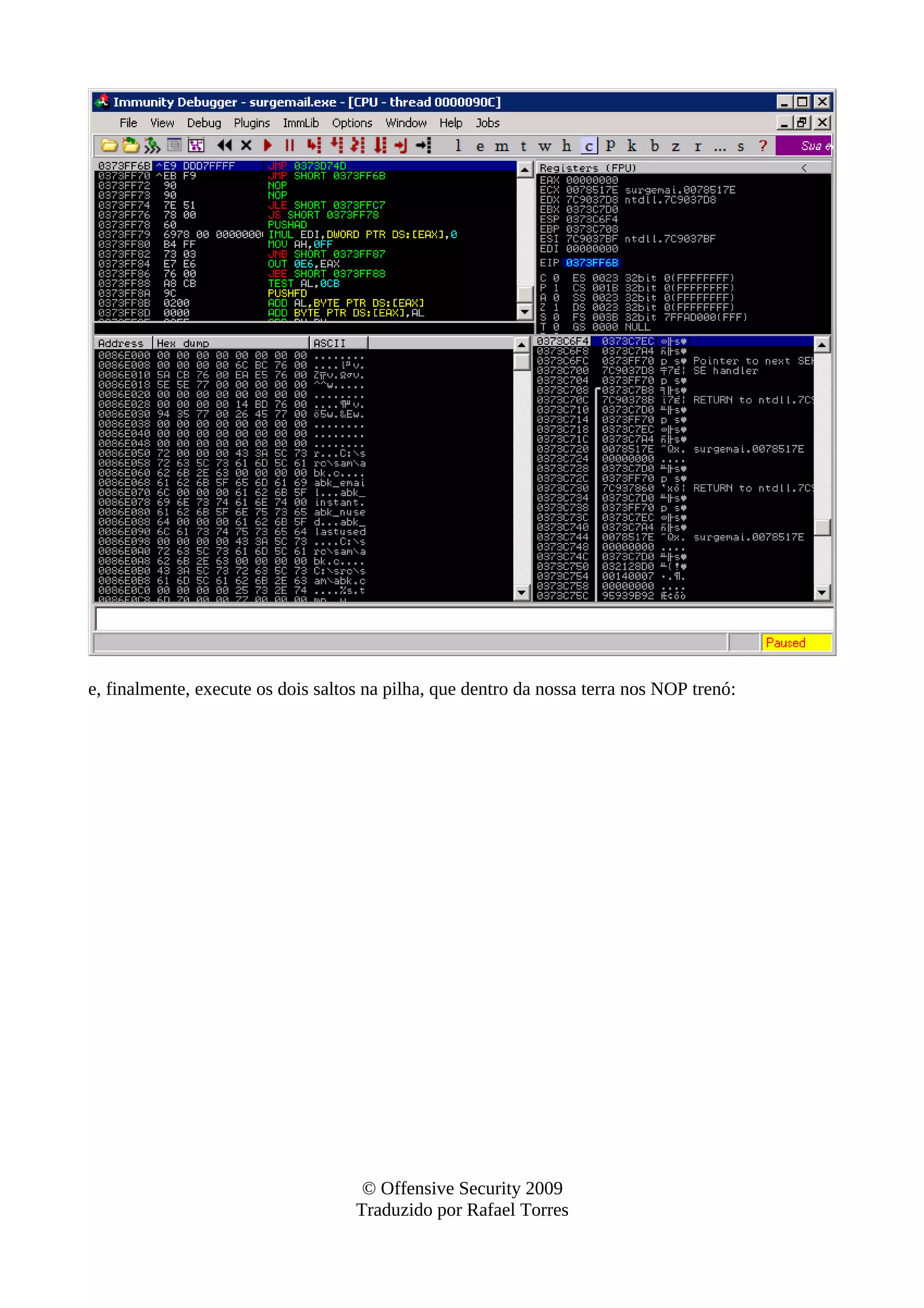 e, finalmente, execute os dois saltos na pilha, que dentro da nossa terra nos NOP trenó:
© Offensive Security 2009
Traduzido por Rafael Torres
 