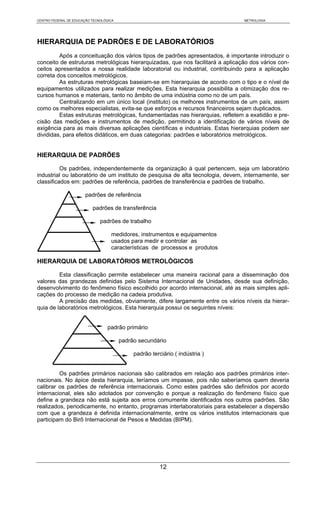 CENTRO FEDERAL DE EDUCAÇÃO TECNOLÓGICA                                          METROLOGIA




HIERARQUIA DE PADRÕES E DE LABORATÓRIOS
         Após a conceituação dos vários tipos de padrões apresentados, é importante introduzir o
conceito de estruturas metrológicas hierarquizadas, que nos facilitará a aplicação dos vários con-
ceitos apresentados a nossa realidade laboratorial ou industrial, contribuindo para a aplicação
correta dos conceitos metrológicos.
         As estruturas metrológicas baseiam-se em hierarquias de acordo com o tipo e o nível de
equipamentos utilizados para realizar medições. Esta hierarquia possibilita a otimização dos re-
cursos humanos e materiais, tanto no âmbito de uma indústria como no de um país.
         Centralizando em um único local (instituto) os melhores instrumentos de um país, assim
como os melhores especialistas, evita-se que esforços e recursos financeiros sejam duplicados.
         Estas estruturas metrológicas, fundamentadas nas hierarquias, refletem a exatidão e pre-
cisão das medições e instrumentos de medição, permitindo a identificação de vários níveis de
exigência para as mais diversas aplicações científicas e industriais. Estas hierarquias podem ser
divididas, para efeitos didáticos, em duas categorias: padrões e laboratórios metrológicos.


HIERARQUIA DE PADRÕES

          Os padrões, independentemente da organização à qual pertencem, seja um laboratório
industrial ou laboratório de um instituto de pesquisa de alta tecnologia, devem, internamente, ser
classificados em: padrões de referência, padrões de transferência e padrões de trabalho.

                       padrões de referência

                           padrões de transferência

                               padrões de trabalho

                                    medidores, instrumentos e equipamentos
                                    usados para medir e controlar as
                                    características de processos e produtos

HIERARQUIA DE LABORATÓRIOS METROLÓGICOS

         Esta classificação permite estabelecer uma maneira racional para a disseminação dos
valores das grandezas definidas pelo Sistema Internacional de Unidades, desde sua definição,
desenvolvimento do fenômeno físico escolhido por acordo internacional, até as mais simples apli-
cações do processo de medição na cadeia produtiva.
         A precisão das medidas, obviamente, difere largamente entre os vários níveis da hierar-
quia de laboratórios metrológicos. Esta hierarquia possui os seguintes níveis:


                                   padrão primário

                                         padrão secundário

                                              padrão terciário ( indústria )


         Os padrões primários nacionais são calibrados em relação aos padrões primários inter-
nacionais. No ápice desta hierarquia, teríamos um impasse, pois não saberíamos quem deveria
calibrar os padrões de referência internacionais. Como estes padrões são definidos por acordo
internacional, eles são adotados por convenção e porque a realização do fenômeno físico que
define a grandeza não está sujeita aos erros comumente identificados nos outros padrões. São
realizados, periodicamente, no entanto, programas interlaboratoriais para estabelecer a dispersão
com que a grandeza é definida internacionalmente, entre os vários institutos internacionais que
participam do Birô Internacional de Pesos e Medidas (BIPM).




                                                         12
 