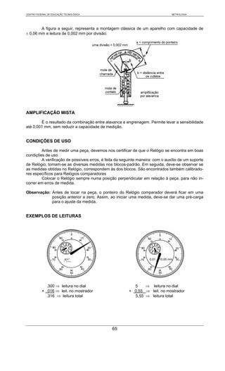 CENTRO FEDERAL DE EDUCAÇÃO TECNOLÓGICA                                           METROLOGIA




        A figura a seguir, representa a montagem clássica de um aparelho com capacidade de
± 0,06 mm e leitura de 0,002 mm por divisão.




AMPLIFICAÇÃO MISTA

        É o resultado da combinação entre alavanca e engrenagem. Permite levar a sensibilidade
até 0,001 mm, sem reduzir a capacidade de medição.


CONDIÇÕES DE USO

         Antes de medir uma peça, devemos nos certificar de que o Relógio se encontra em boas
condições de uso.
         A verificação de possíveis erros, é feita da seguinte maneira: com o auxílio de um suporte
de Relógio, tomam-se as diversas medidas nos blocos-padrão. Em seguida, deve-se observar se
as medidas obtidas no Relógio, correspondem às dos blocos. São encontrados também calibrado-
res específicos para Relógios comparadores
         Colocar o Relógio sempre numa posição perpendicular em relação à peça, para não in-
correr em erros de medida.

Observação: Antes de tocar na peça, o ponteiro do Relógio comparador deverá ficar em uma
            posição anterior a zero. Assim, ao iniciar uma medida, deve-se dar uma pré-carga
            para o ajuste da medida.


EXEMPLOS DE LEITURAS




                          .001”-
                          1 000”




             .300 ⇒ leitura no dial                        5    ⇒ leitura no dial
           + .016 ⇒ leit. no mostrador                   + 0,55 ⇒ leit. no mostrador
             .316 ⇒ leitura total                          5,55 ⇒ leitura total




                                                65
 
