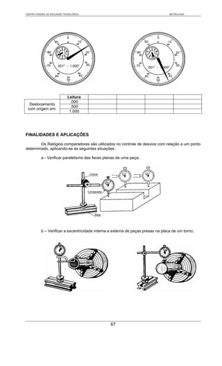 CENTRO FEDERAL DE EDUCAÇÃO TECNOLÓGICA                                             METROLOGIA




                             Leitura
                               .000
  Deslocamento
                               .500
 com origem em:
                              1.000




FINALIDADES E APLICAÇÕES

        Os Relógios comparadores são utilizados no controle de desvios com relação a um ponto
determinado, aplicando-se às seguintes situações :

           a - Verificar paralelismo das faces planas de uma peça;




           b – Verificar a excentricidade interna e externa de peças presas na placa de um torno;




                                                  67
 